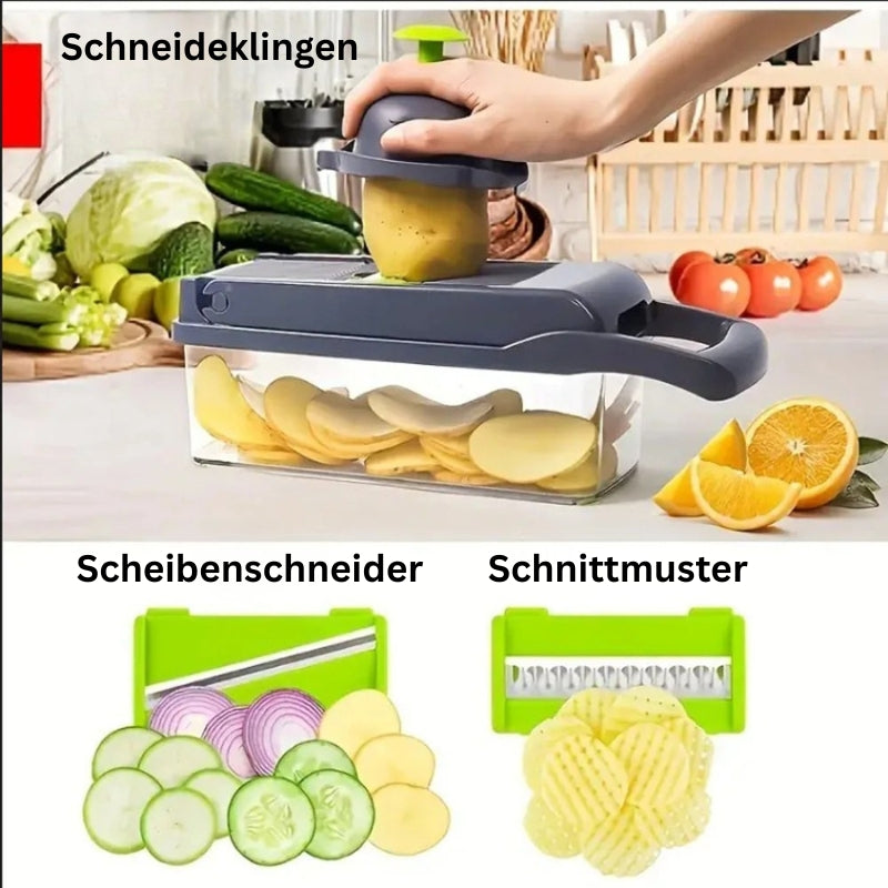 Gemüseschneider beim Schneiden von Kartoffeln in gleichmäßige Scheiben.