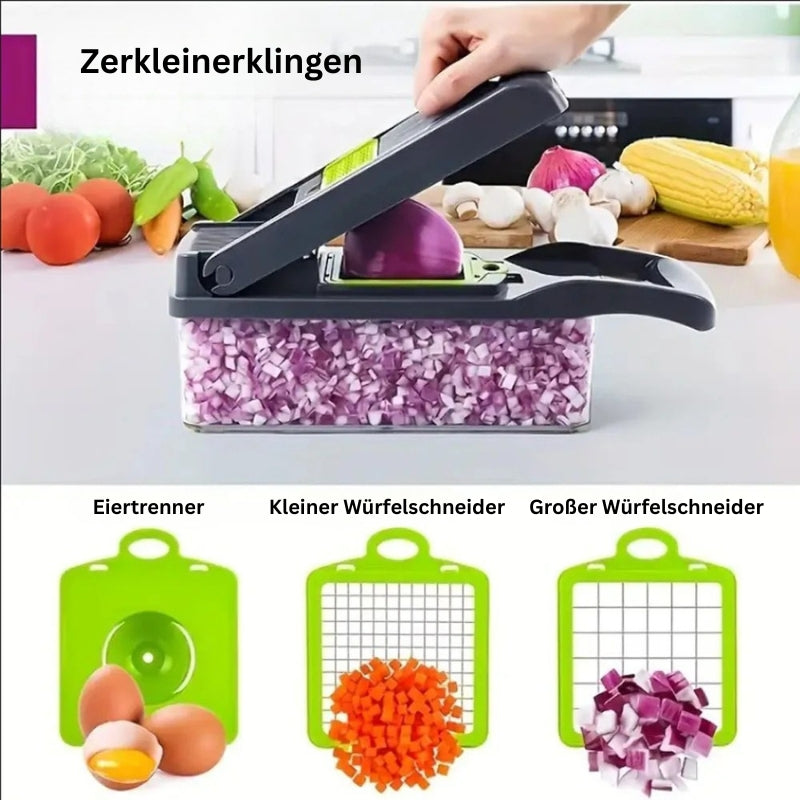 Gemüseschneider mit Eiertrenner sowie kleinem und großem Würfelschneider.