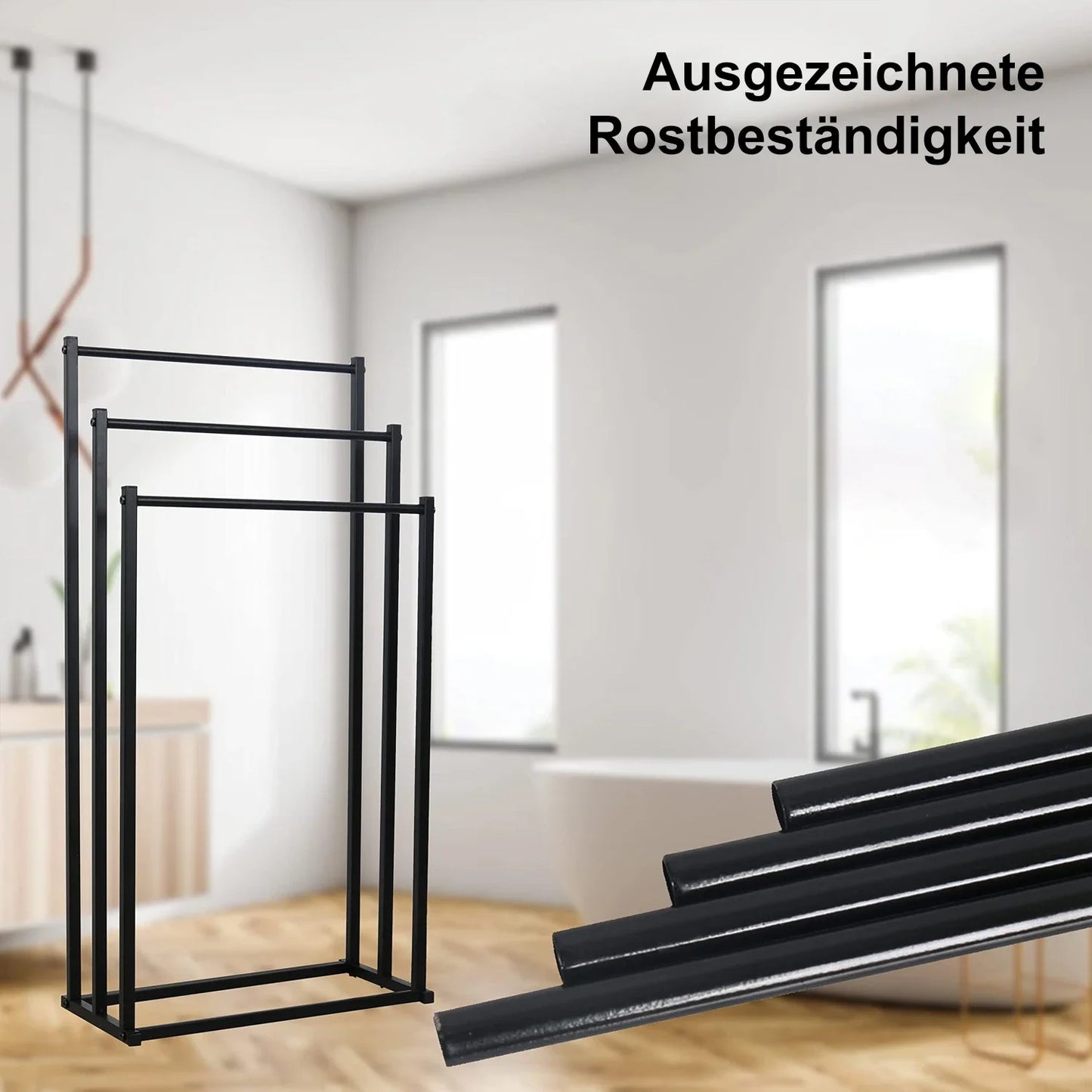 Detailansicht des schwarzen Metall-Handtuchhalters mit ausgezeichneter Rostbeständigkeit und stabiler Verarbeitung.