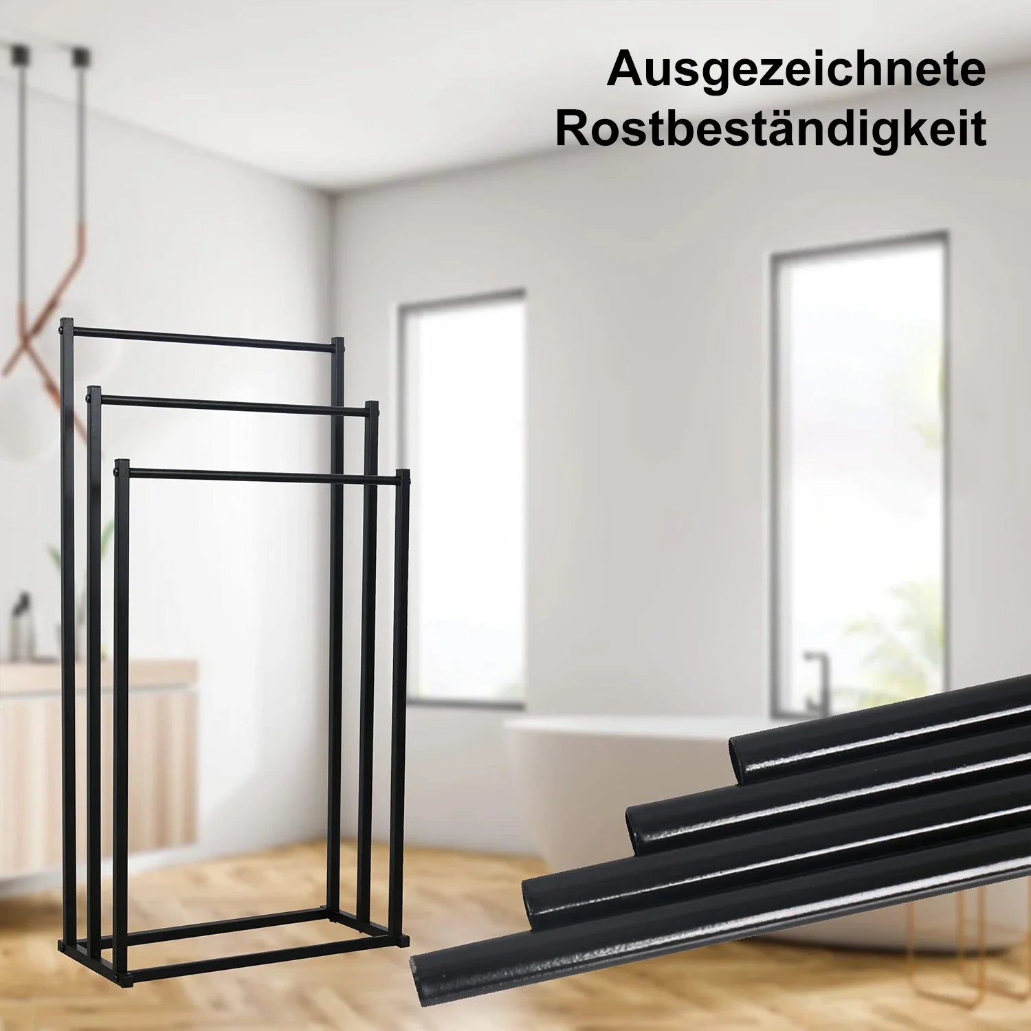 Detailansicht des schwarzen Metall-Handtuchhalters mit ausgezeichneter Rostbeständigkeit und stabiler Verarbeitung.