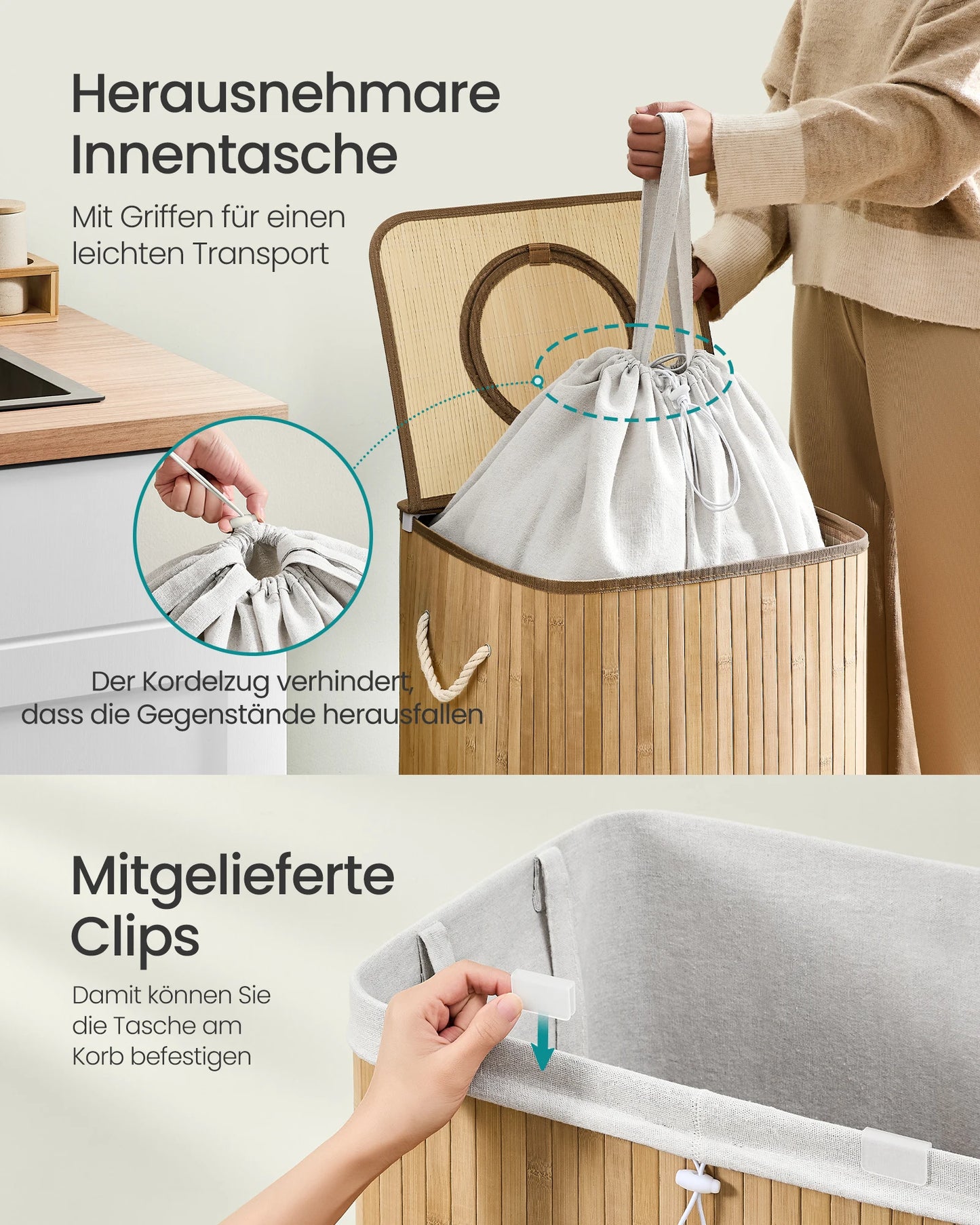 Infografik: herausnehmbare Innentasche mit Griffen und Kordelzug sowie Clips zur Befestigung am Behälter