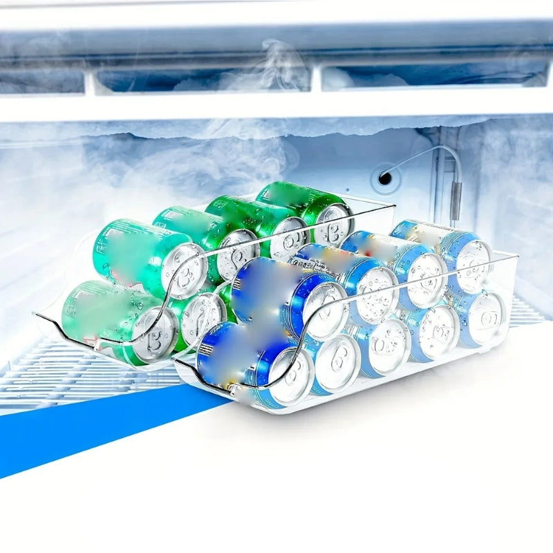 Kühlschrank Dosenspender mit Getränkedosen im Kühlfach, automatisches Rollsystem