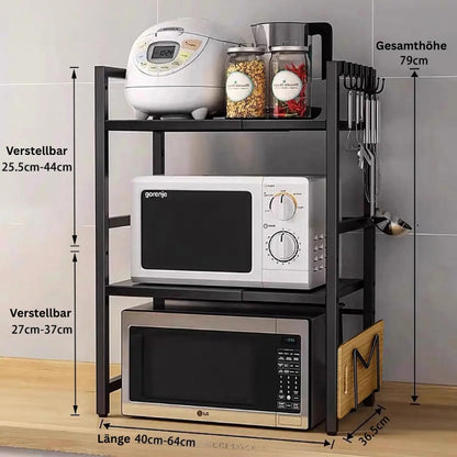 Mikrowellenregal mit eingezeichneten Maßen, höhen- und breitenverstellbar.