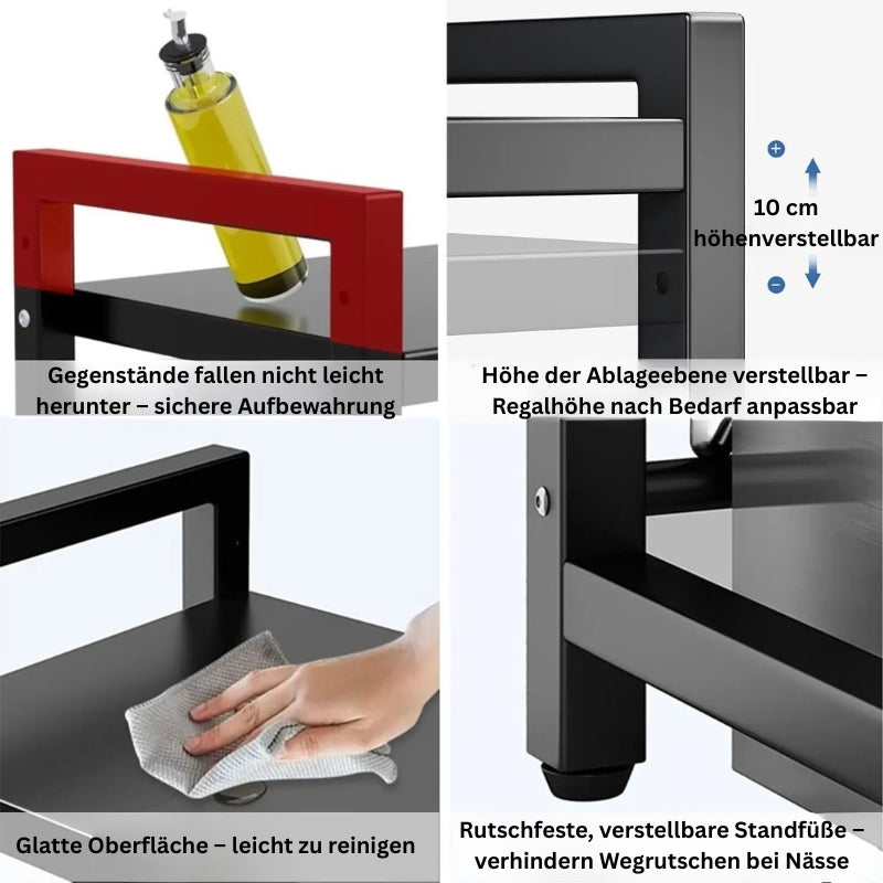 Detailansicht zu Höhenverstellung, rutschfesten Füßen und pflegeleichter Oberfläche.