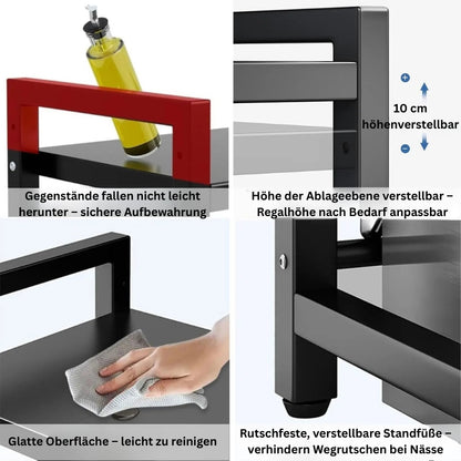 Detailansicht zu Höhenverstellung, rutschfesten Füßen und pflegeleichter Oberfläche.