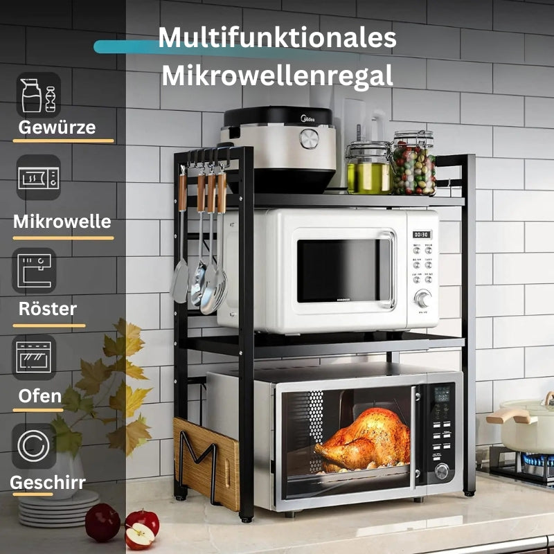 Grafische Darstellung eines multifunktionalen Mikrowellenregals mit Nutzungshinweisen.