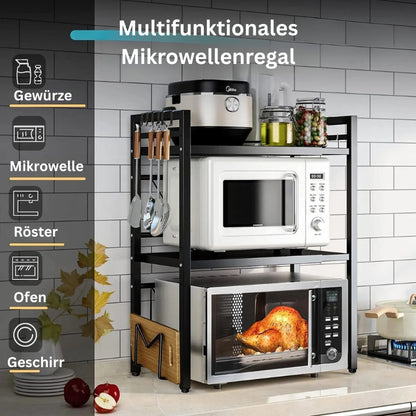 Grafische Darstellung eines multifunktionalen Mikrowellenregals mit Nutzungshinweisen.