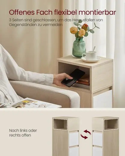 Nachttisch mit flexibel montierbarem offenem Fach, links oder rechts ausgerichtet.