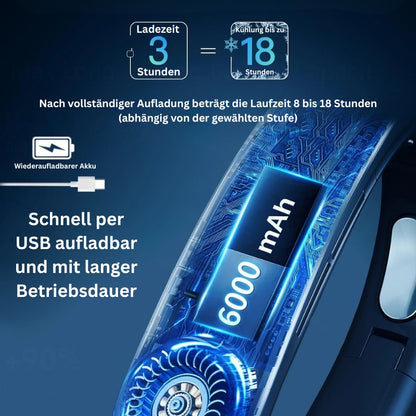 Nackenventilator mit 6000-mAh-Akku, USB-Aufladung und bis zu 18 Stunden Laufzeit.