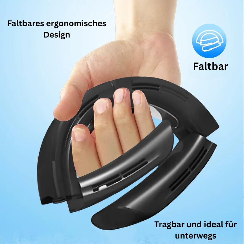 Zusammenklappbarer Nackenventilator für platzsparenden Transport unterwegs.
