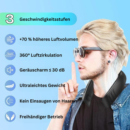 Nackenventilator mit drei Geschwindigkeitsstufen, leisem Betrieb und 360-Grad-Luftzirkulation.
