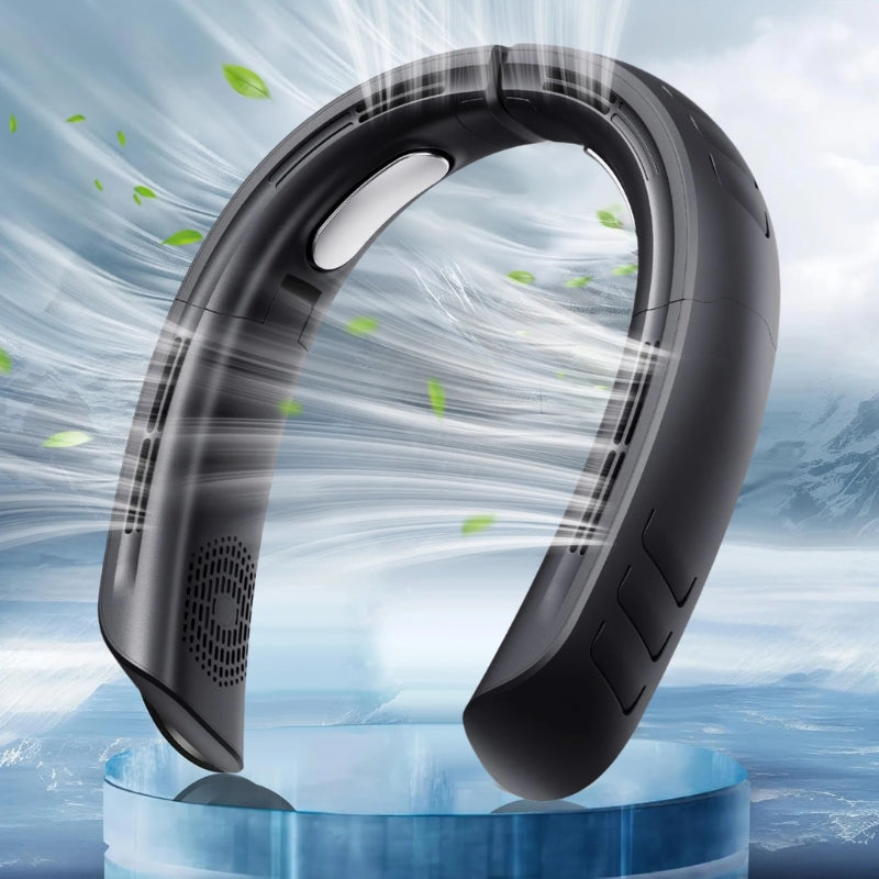 Schwarzer blattloser Nackenventilator mit 360-Grad-Luftzirkulation.
