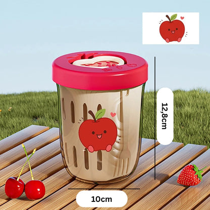 Obst- und Salatbecher mit Apfelmotiv – Maßangaben: 10 cm Durchmesser, 12,8 cm Höhe.