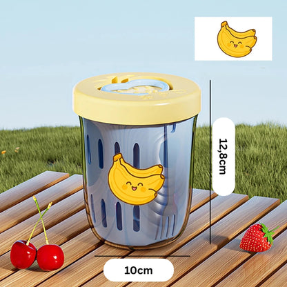 Obst- und Salatbecher mit Bananenmotiv – Maßangaben: 10 cm Durchmesser, 12,8 cm Höhe.