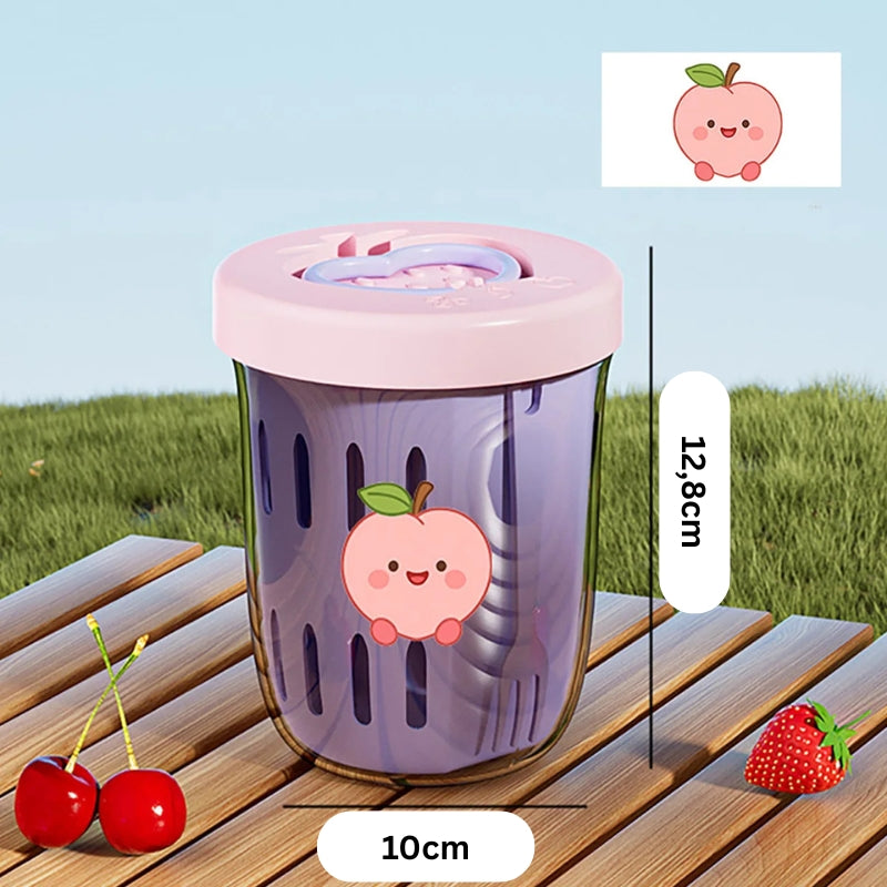 Obst- und Salatbecher mit Pfirsichmotiv – Maßangaben: 10 cm Durchmesser, 12,8 cm Höhe.