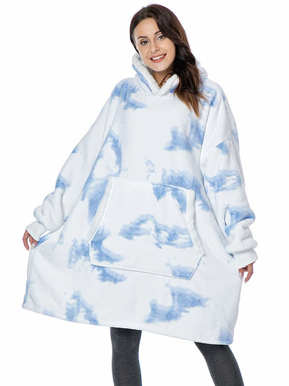 Oversized Hoodie Damen Blau Weiß Batik Look mit Kapuze