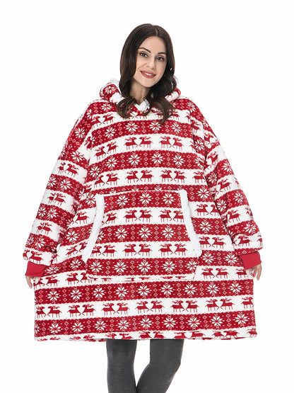 Oversized Hoodie Damen Rot Weiß mit festlichem Rentier Motiv