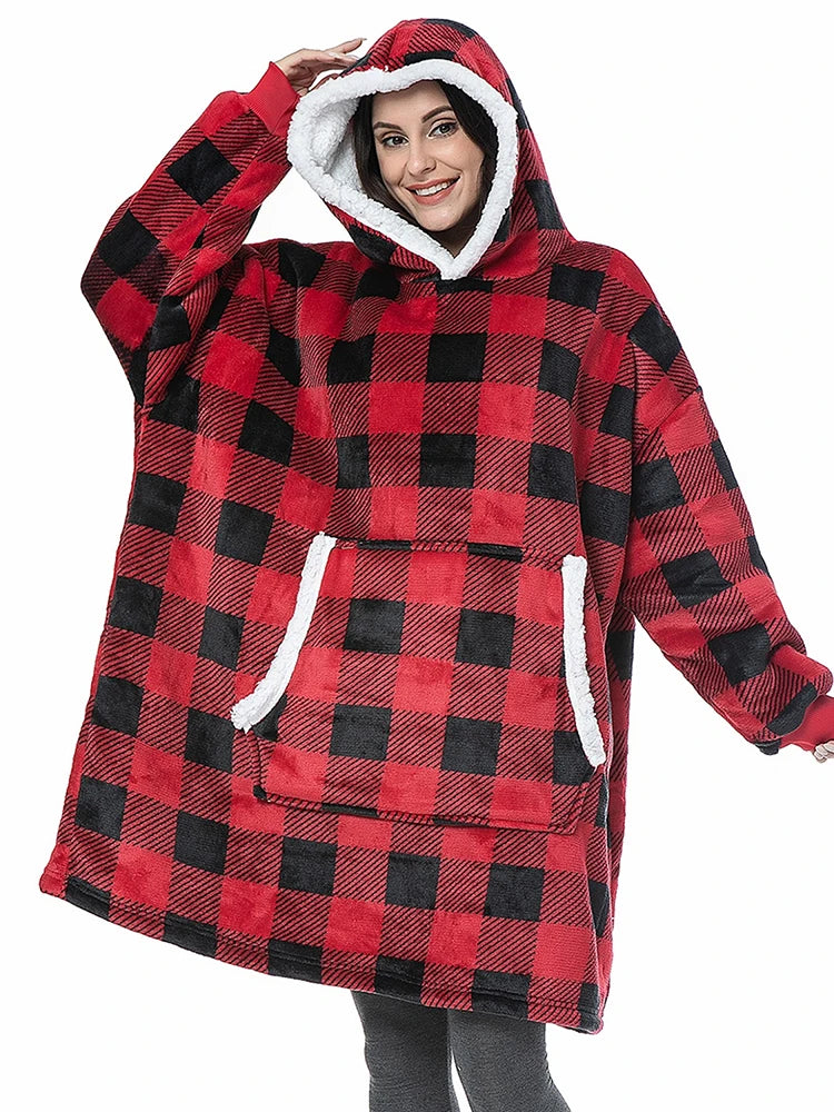 Oversized Hoodie im rot-schwarzen Karo Design – warmer Kapuzenpullover