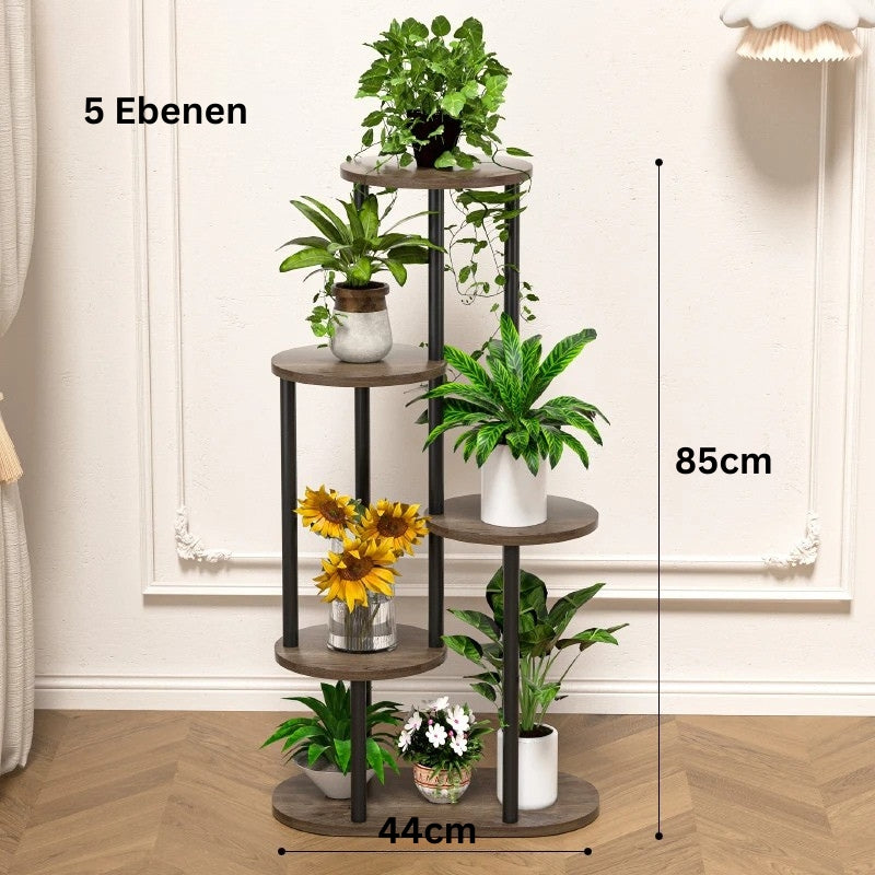 Pflanzenständer mit 5 Ebenen, 85 cm Höhe und 44 cm Breite.