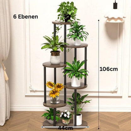 Blumenständer mit 6 Ebenen, 106 cm Höhe und 44 cm Breite.