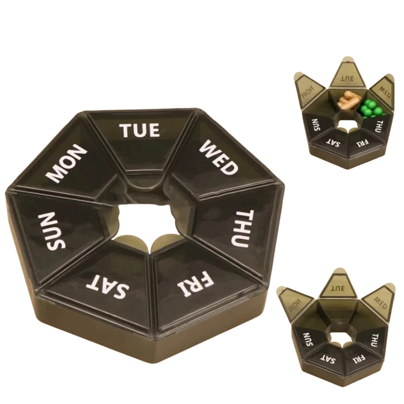 Kompakte runde pillenbox fuer sieben tage in uebersichtlicher darstellung.