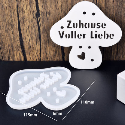 Silikonform in Pilzform mit Schriftzug Zuhause Voller Liebe und Herzlöchern, inklusive Maßangaben