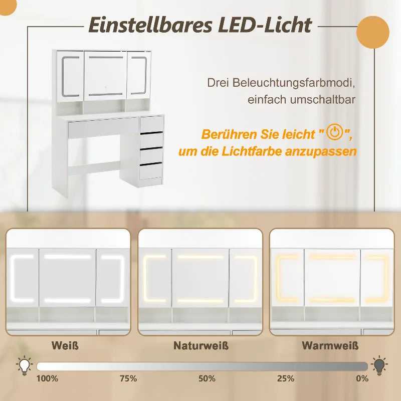 Schminktisch mit einstellbarem LED-Licht in Weiß, Naturweiß und Warmweiß.