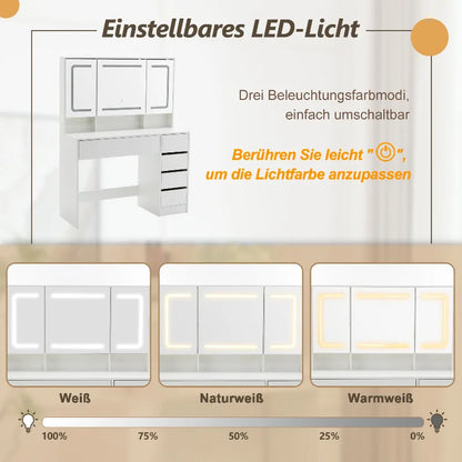 Schminktisch mit einstellbarem LED-Licht in Weiß, Naturweiß und Warmweiß.