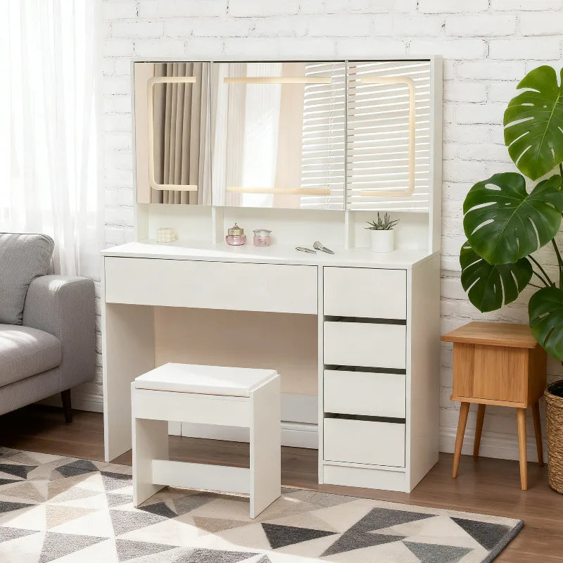 Schminktisch mit beleuchtetem Spiegel, fünf Schubladen und klarer Frontansicht.