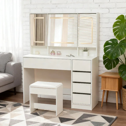 Schminktisch mit beleuchtetem Spiegel, fünf Schubladen und klarer Frontansicht.