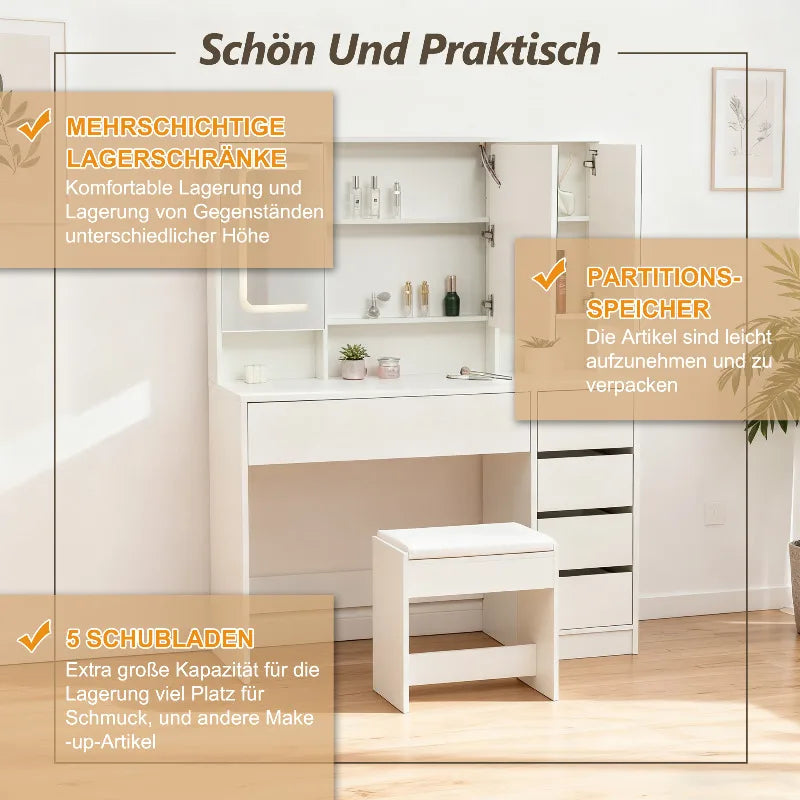 Weißer Schminktisch mit LED-Spiegel, Hocker und Stauraum in modernem Wohnraum.