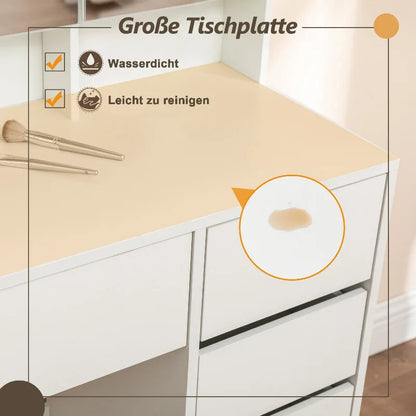 Detailansicht der großen wasserfesten Tischplatte mit pflegeleichter Oberfläche.