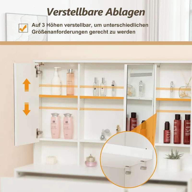 Innenansicht mit verstellbaren Ablagen für Kosmetik und Pflegeprodukte.