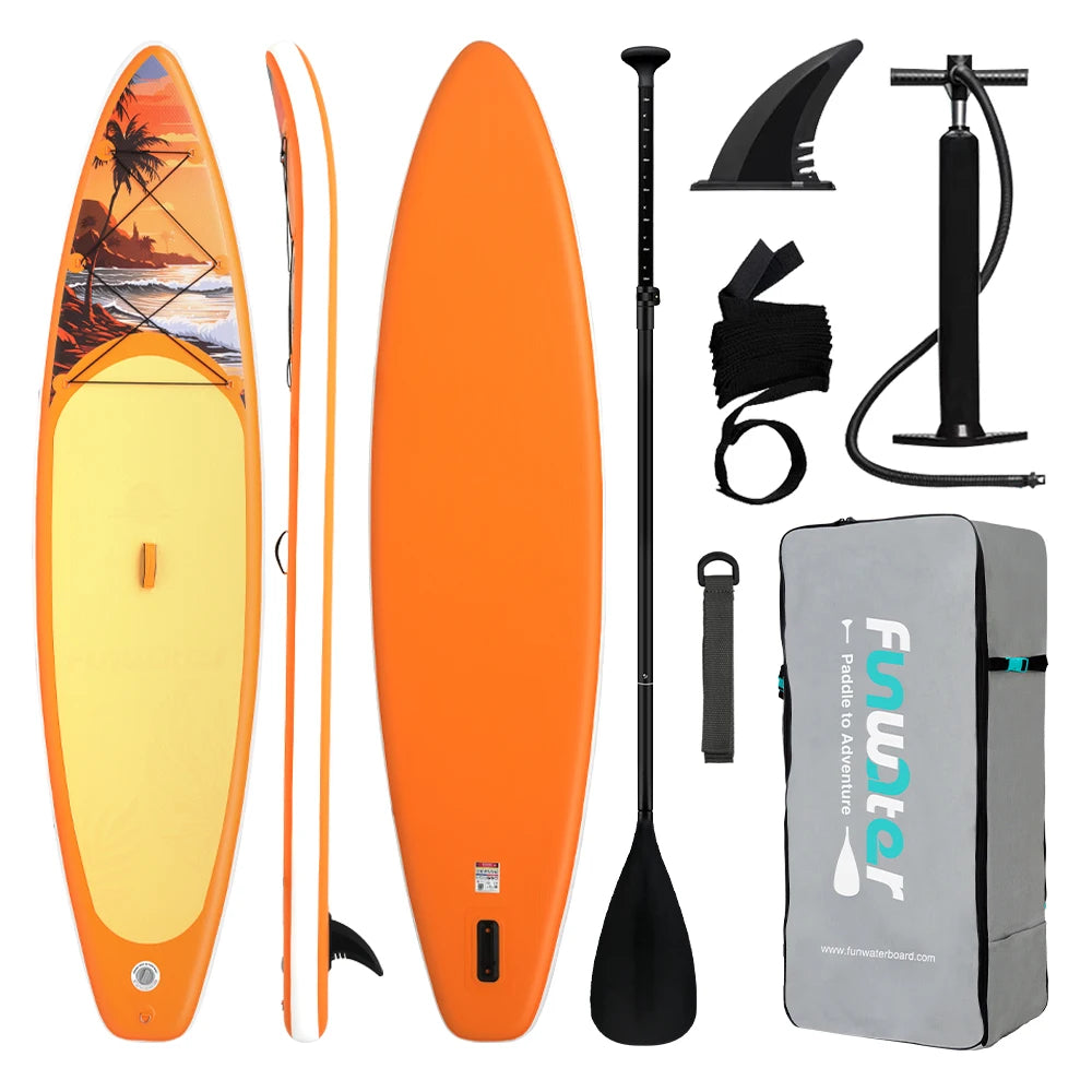 Stand-Up-Paddle Board Set mit Paddel, Finne, Sicherheitsleine, Handpumpe und Transporttasche.