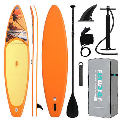 Stand-Up-Paddle Board Set mit Paddel, Finne, Sicherheitsleine, Handpumpe und Transporttasche.