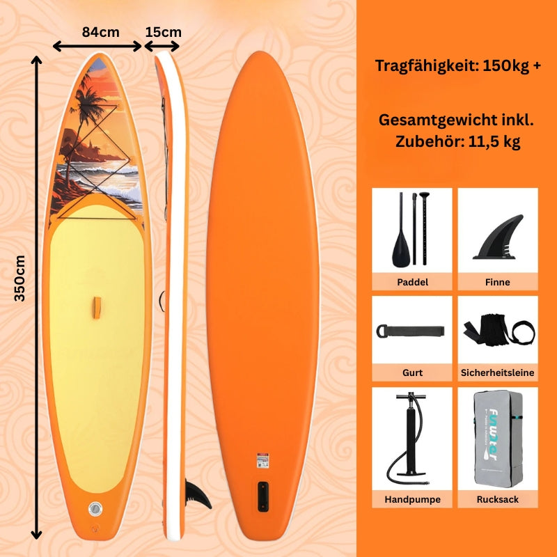Stand-Up-Paddle Board mit Maßen und komplettem Zubehör wie Paddel, Finne, Pumpe und Rucksack.