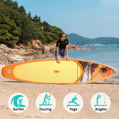 Stand-Up-Paddle Board am Strand im Einsatz für Surfen, Touring, Yoga und Angeln.