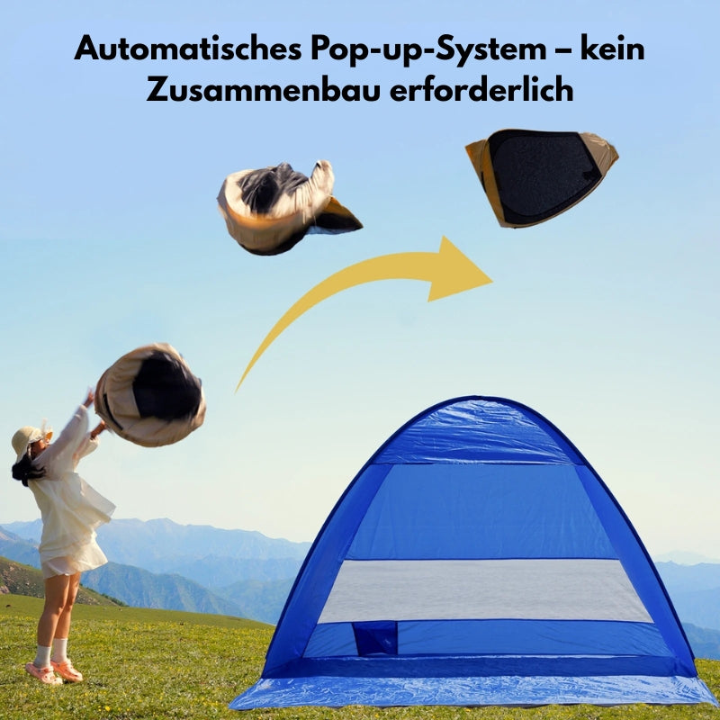 Pop-up Strandzelt mit automatischem Aufklappsystem ohne Zusammenbau.