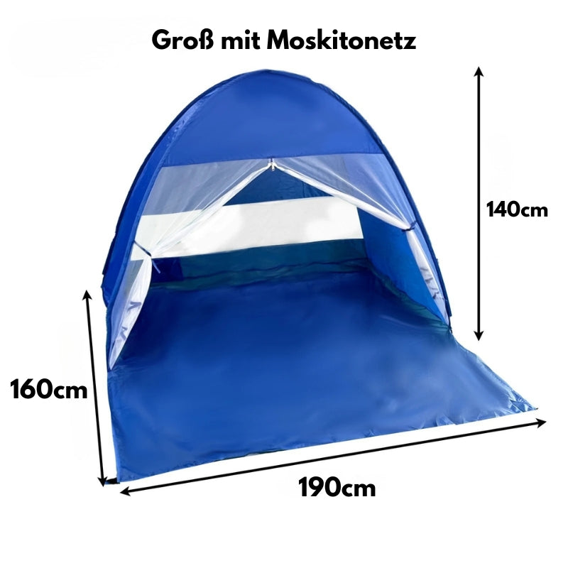 Große Strandmuschel mit Moskitonetz und den Maßen 190 x 160 x 140 cm.