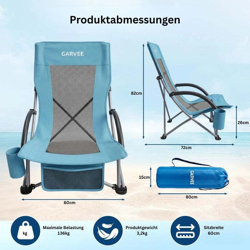 Strandstuhl mit Produktmaßen, 136 kg Belastbarkeit und kompaktem Packmaß.