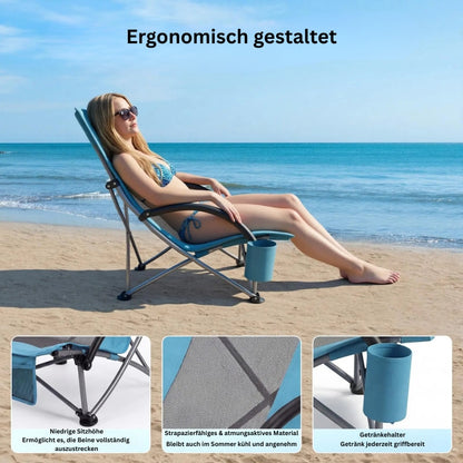 Ergonomischer Strandstuhl mit Getränkehalter und atmungsaktivem Material.