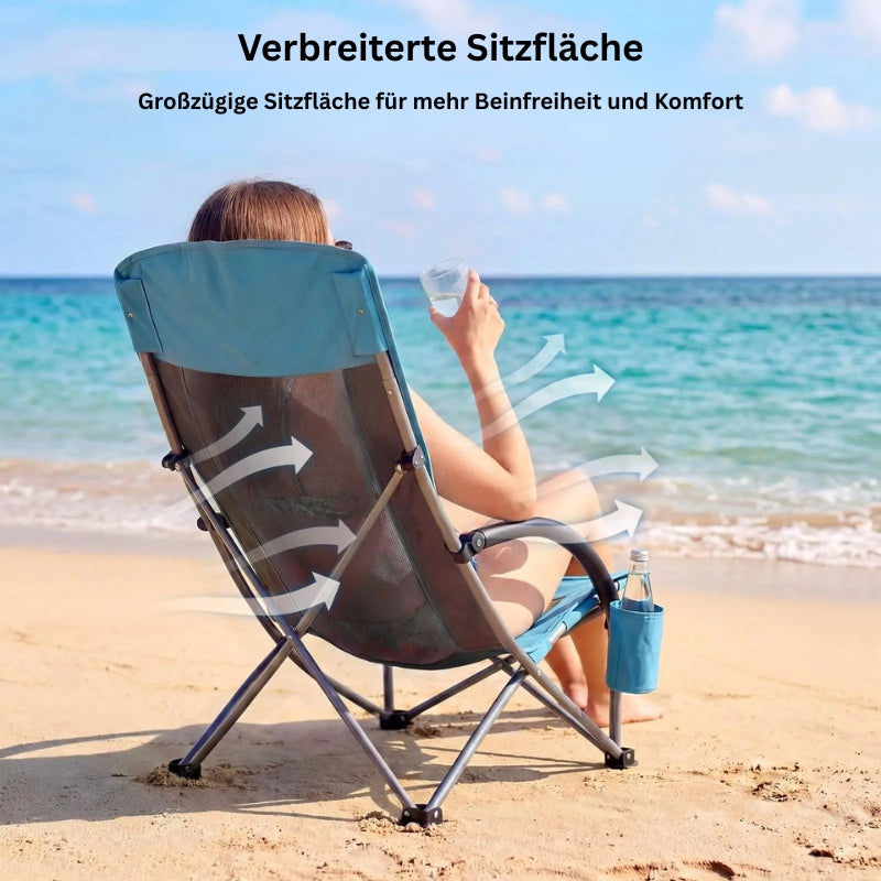 Strandstuhl mit verbreiterter Sitzfläche für mehr Komfort und Beinfreiheit.
