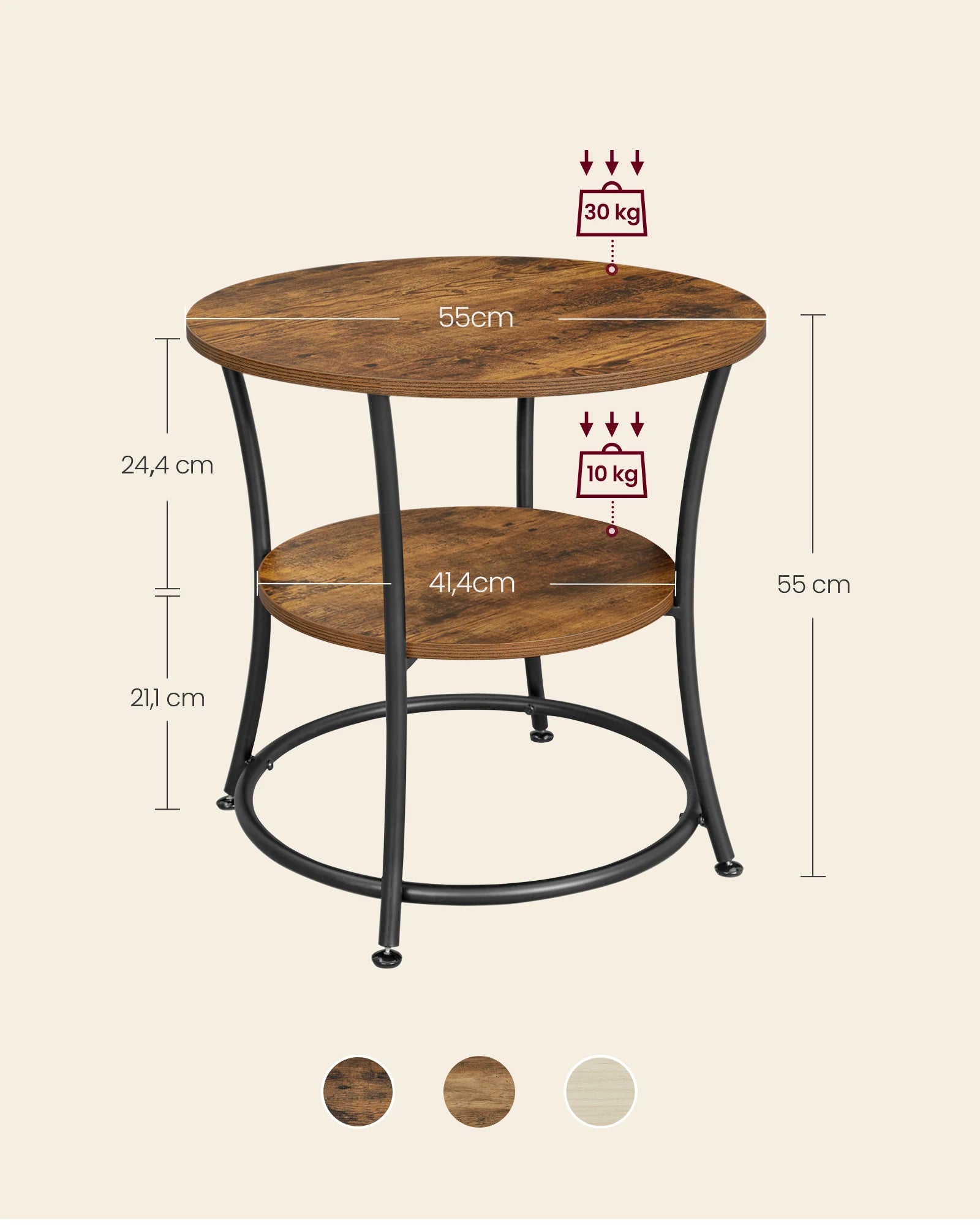 Runder Beistelltisch in drei Farbvarianten: Dunkelbraun, Braun und Weiß.
