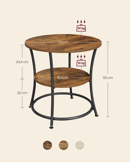 Runder Beistelltisch in drei Farbvarianten: Dunkelbraun, Braun und Weiß.